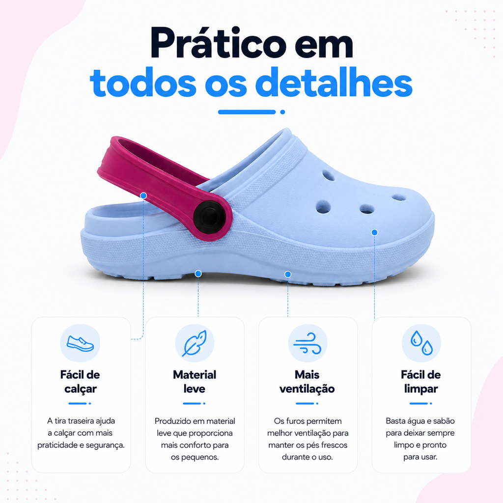 Babuche infantil para meninas Passato 2 em 1, leve, confortável, antiderrapante e com correia ajustável.