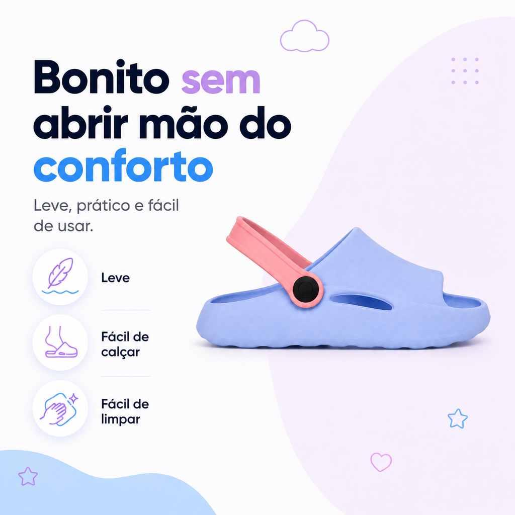 Chinelo infantil feminino Passato 2 em 1 Nuvem, leve, antiderrapante e confortável com correia para meninas.
