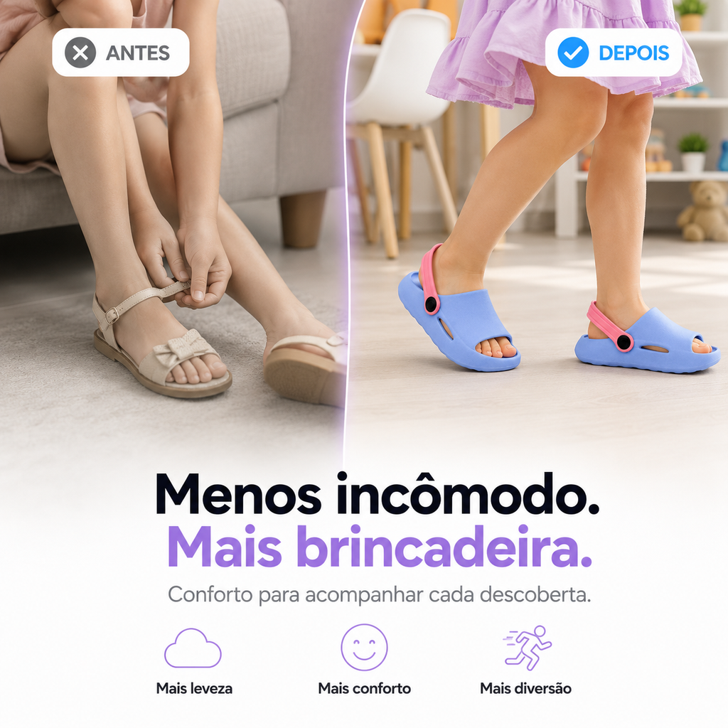 Chinelo infantil feminino Passato 2 em 1 com correia, leve, antiderrapante e confortável para meninas.