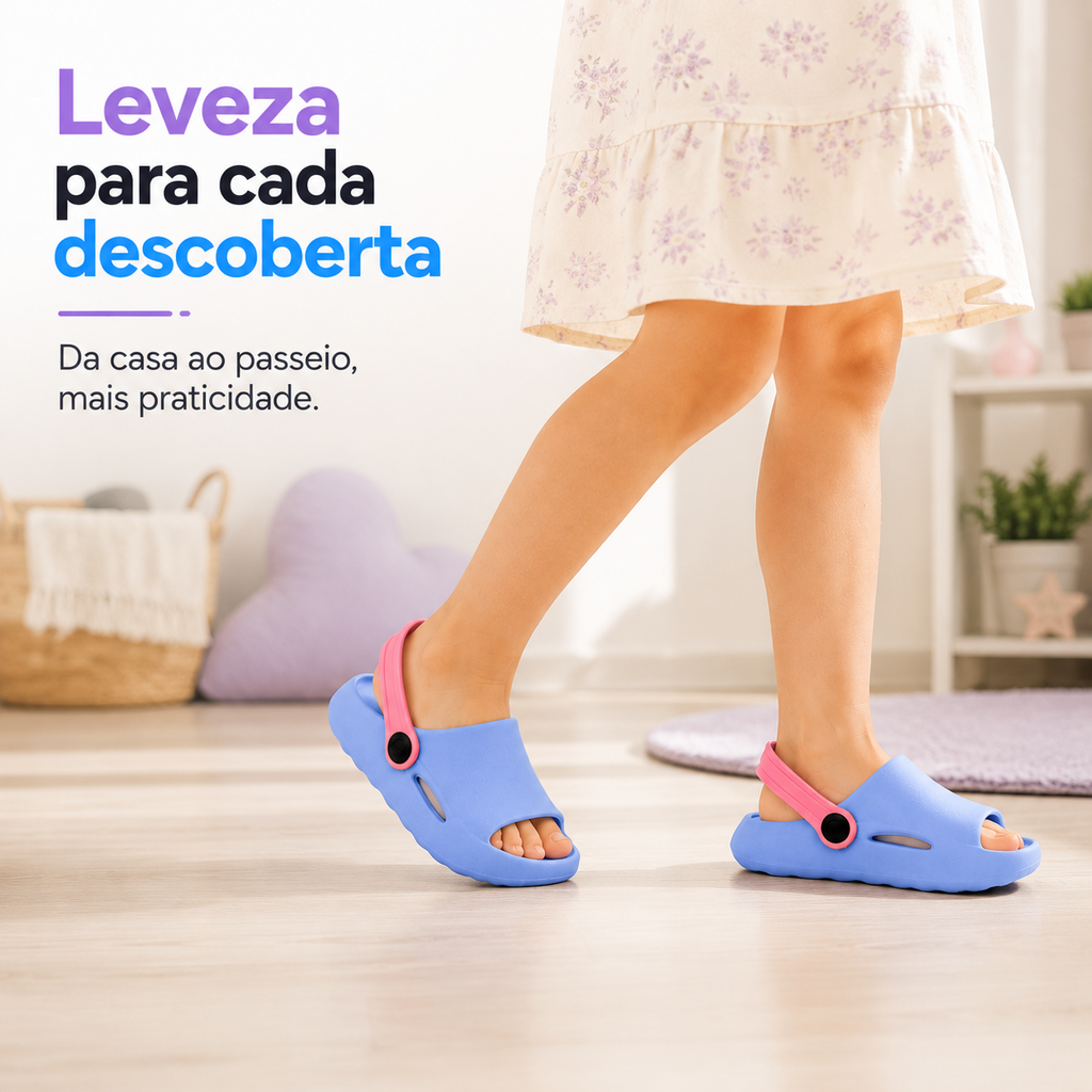 Chinelo infantil feminino Passato 2 em 1 com correia, leve, antiderrapante e confortável para meninas.