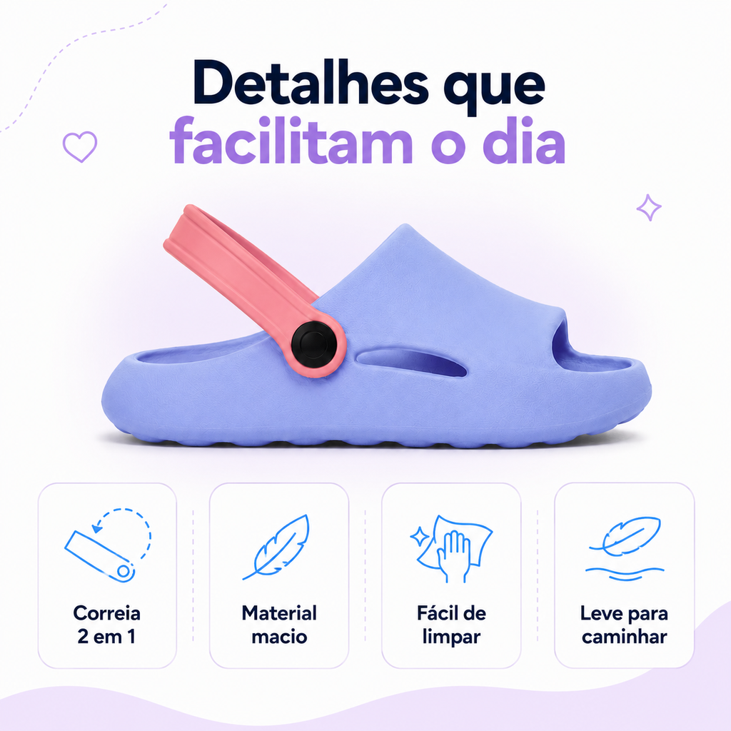 Chinelo infantil Nuvem Meninas 2 em 1 Passato com correia, leve, antiderrapante e confortável para meninas.