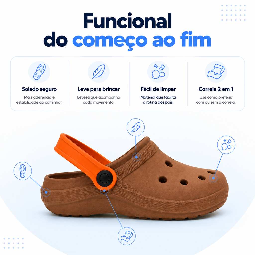 Sapatinho infantil menino 2 em 1 Passato, injetado, leve, antiderrapante e resistente, com correia para segurança.