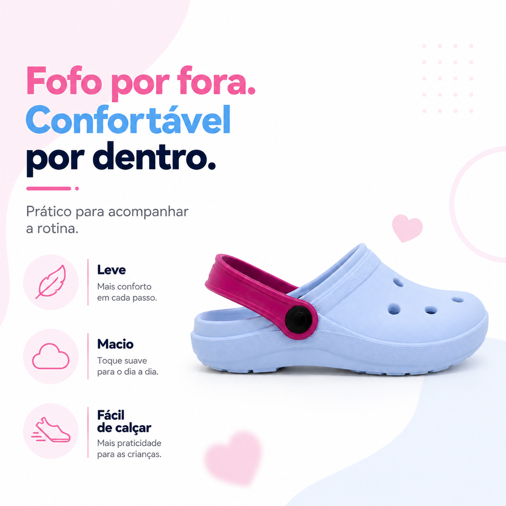 Babuche infantil Meninas 2 em 1 Passato, injetado, leve, confortável e antiderrapante, com correia ajustável.