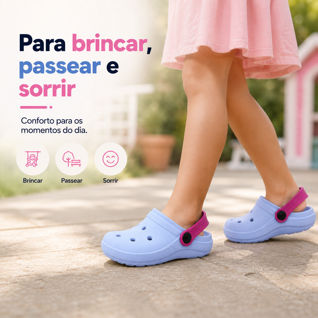 Babuche infantil feminino 2 em 1 Passato, leve, confortável, antiderrapante com correia ajustável, feito de material injetado.