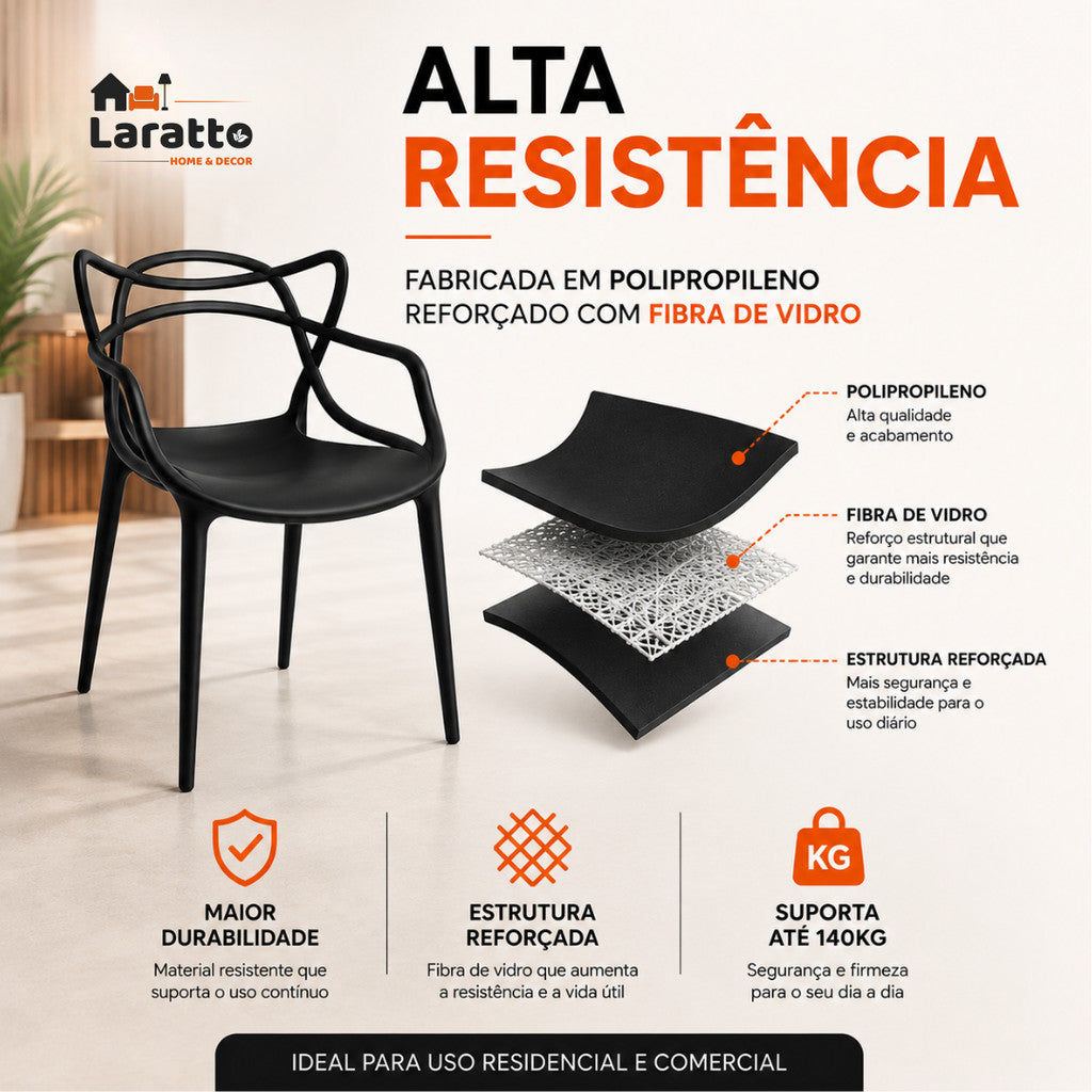 Conjunto de 4 cadeiras empilháveis Allegra da LARATTO Home & Decor para cozinha, sala de jantar ou restaurante, reforçadas e modernas.