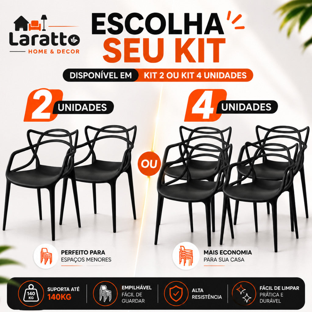 Conjunto de 4 cadeiras empilháveis Allegra da LARATTO Home & Decor, reforçadas para cozinha, sala de jantar ou restaurante.