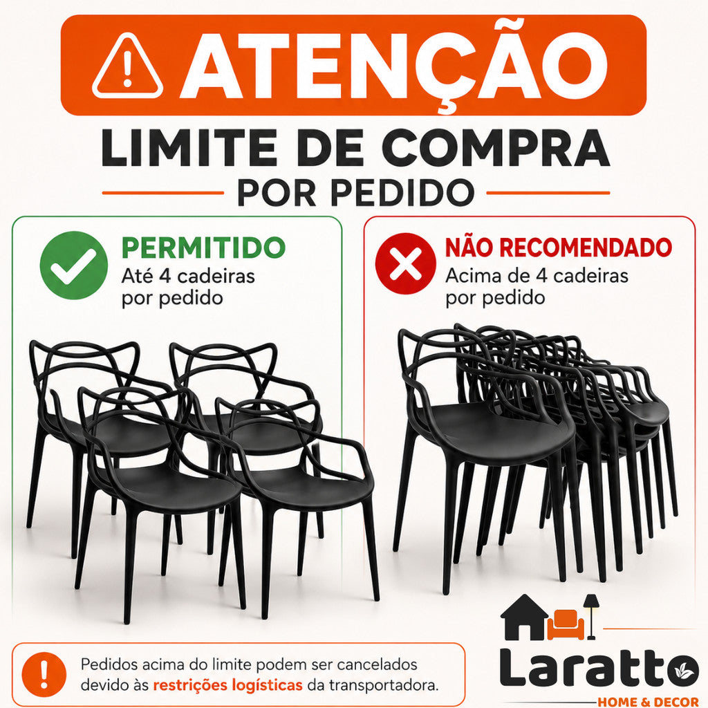 Conjunto de 4 cadeiras Allegra empilháveis reforçadas para cozinha, sala de jantar ou restaurante, da marca LARATTO Home & Decor.