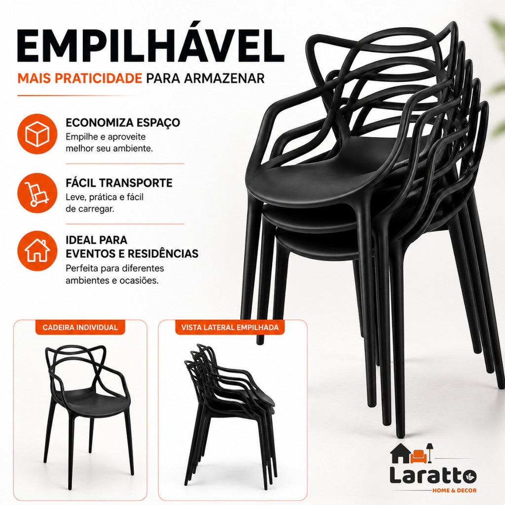 Conjunto de 4 cadeiras empilháveis Allegra da LARATTO Home & Decor, reforçadas para cozinha, sala de jantar ou restaurante.