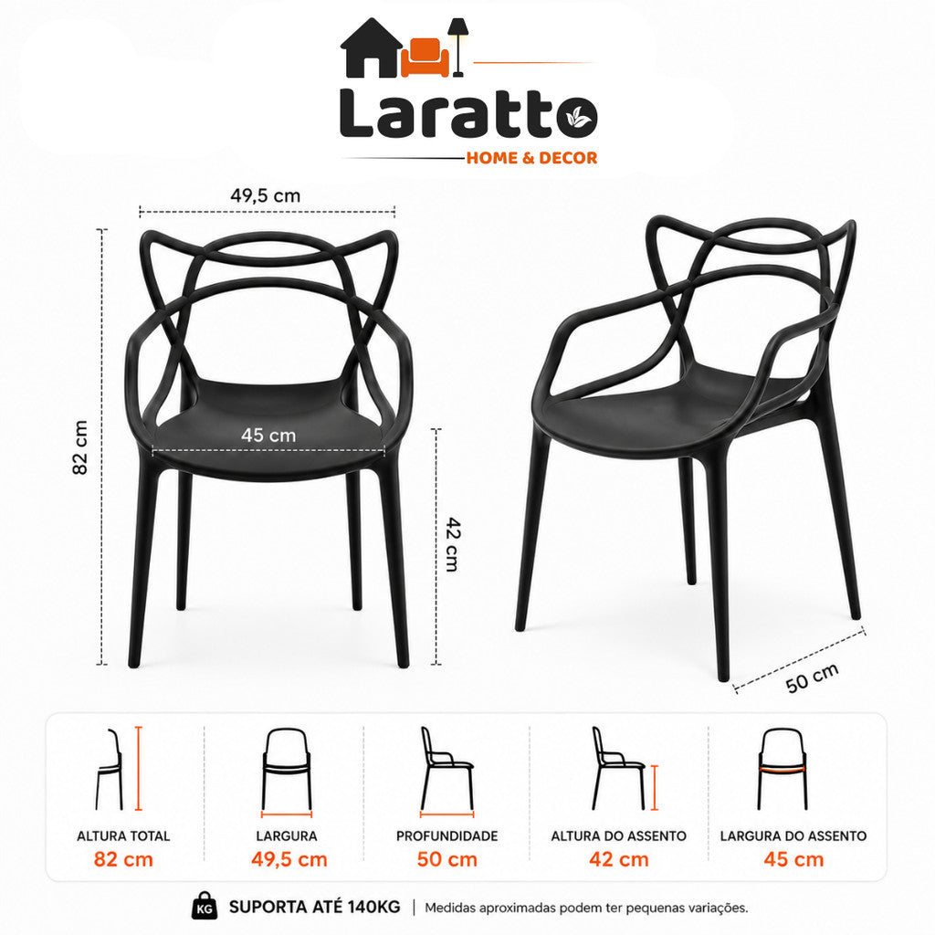 Conjunto de 4 cadeiras empilháveis Allegra da LARATTO Home & Decor para cozinha, sala de jantar ou restaurante, reforçadas e modernas.